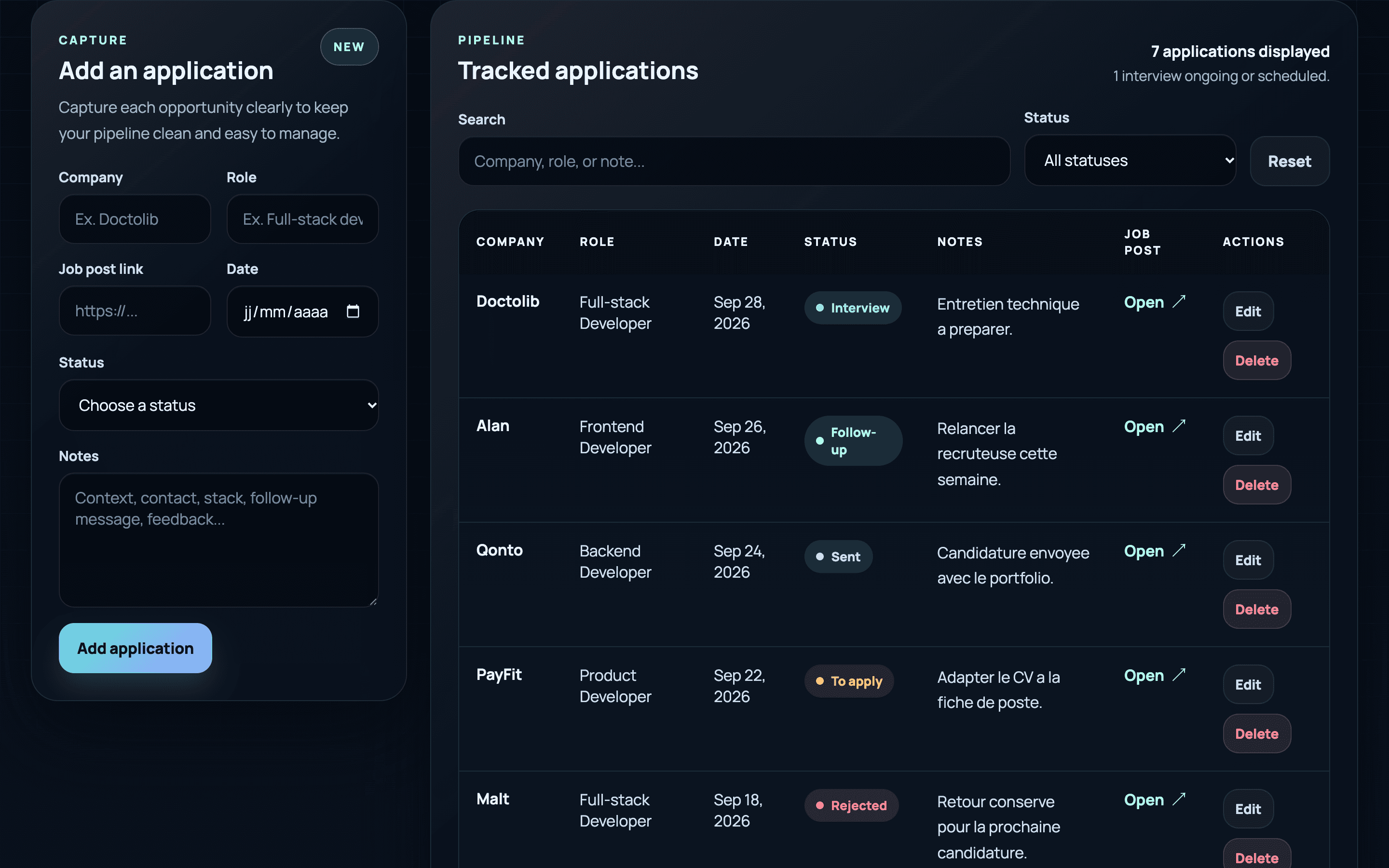 Alternance Tracker form and filterable pipeline