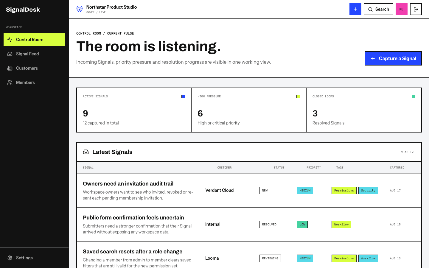 SignalDesk Control Room showing workspace health and recent customer signals