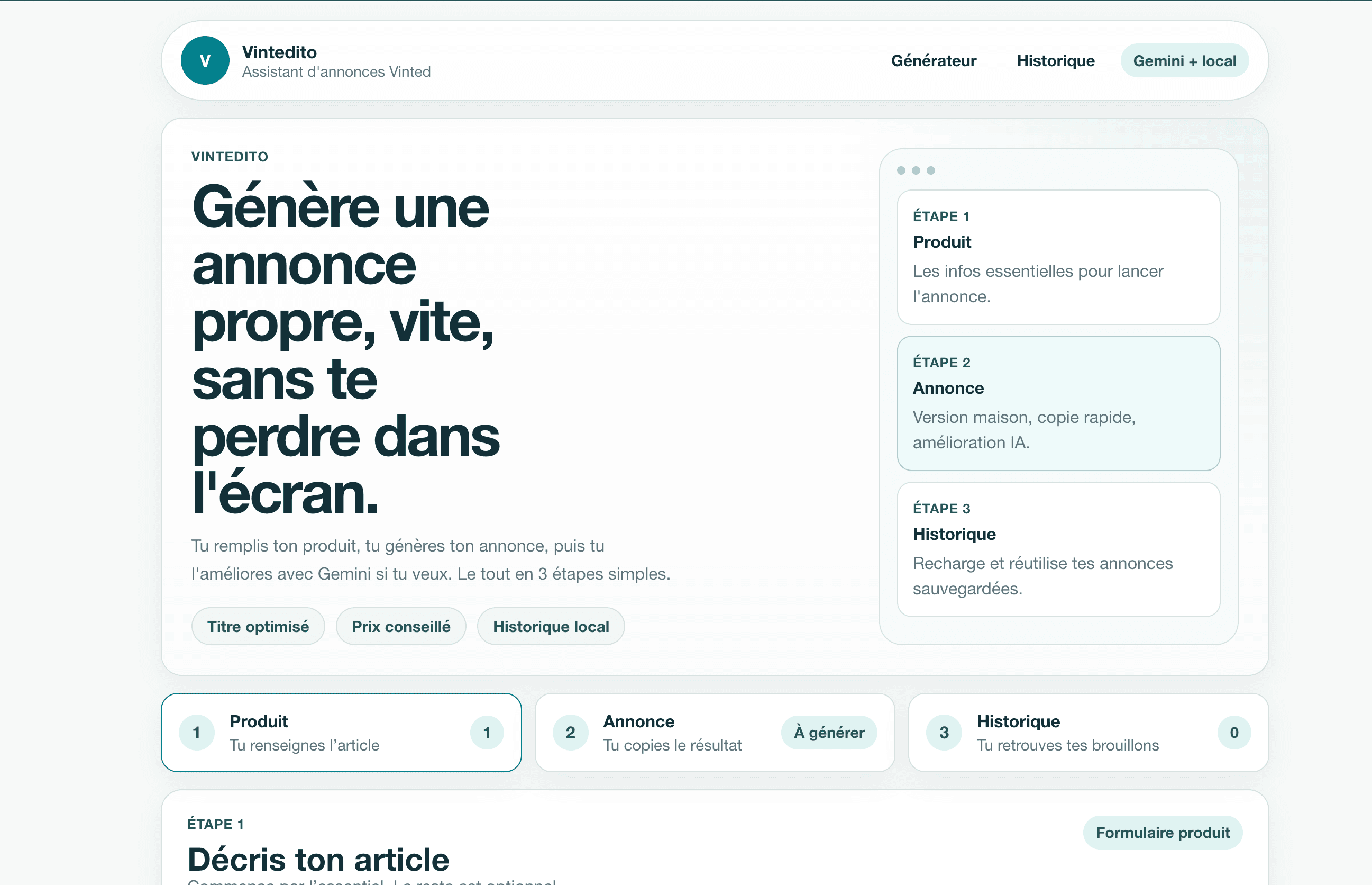 Preview of the Vintedito interface and generated listing