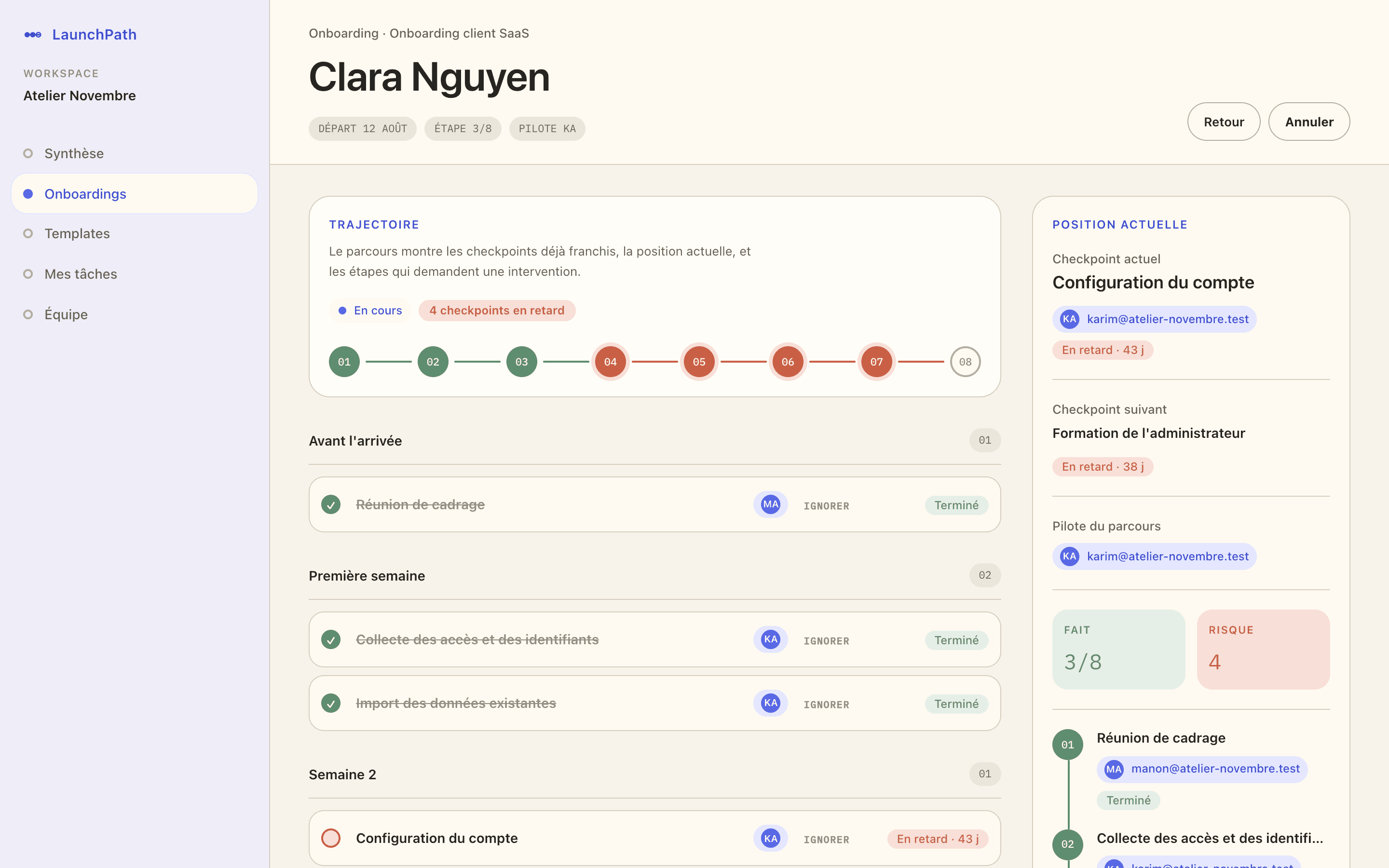 Clara Nguyen active journey with trajectory, owners and delays